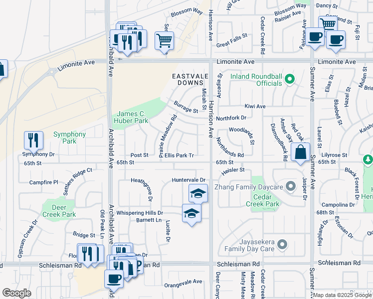 map of restaurants, bars, coffee shops, grocery stores, and more near 13889 Fair Meadows Court in Corona