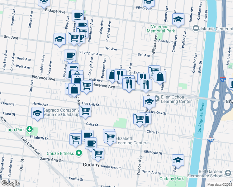 map of restaurants, bars, coffee shops, grocery stores, and more near 4800 Florence Avenue in Bell