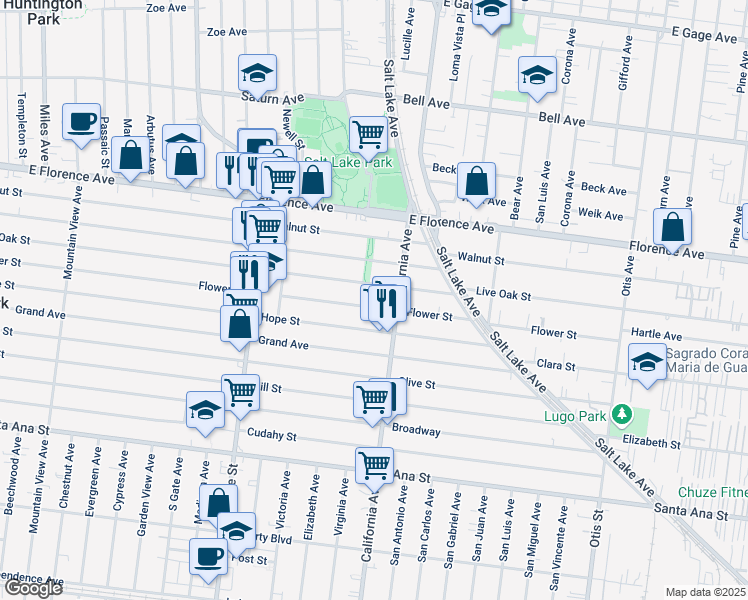 map of restaurants, bars, coffee shops, grocery stores, and more near 3467 Flower Street in Huntington Park