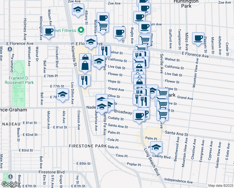 map of restaurants, bars, coffee shops, grocery stores, and more near 2447 Olive Street in Huntington Park