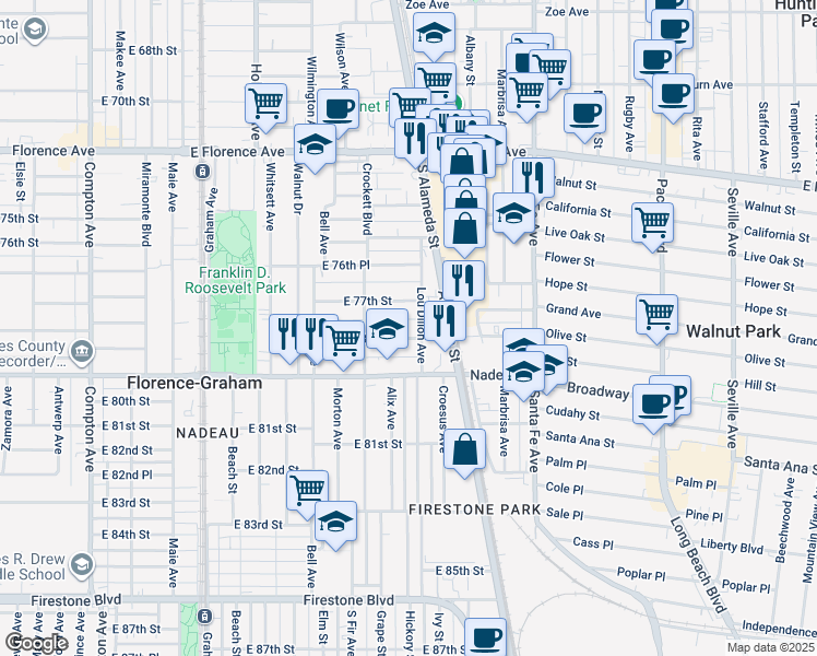 map of restaurants, bars, coffee shops, grocery stores, and more near 7729 Lou Dillon Avenue in Los Angeles