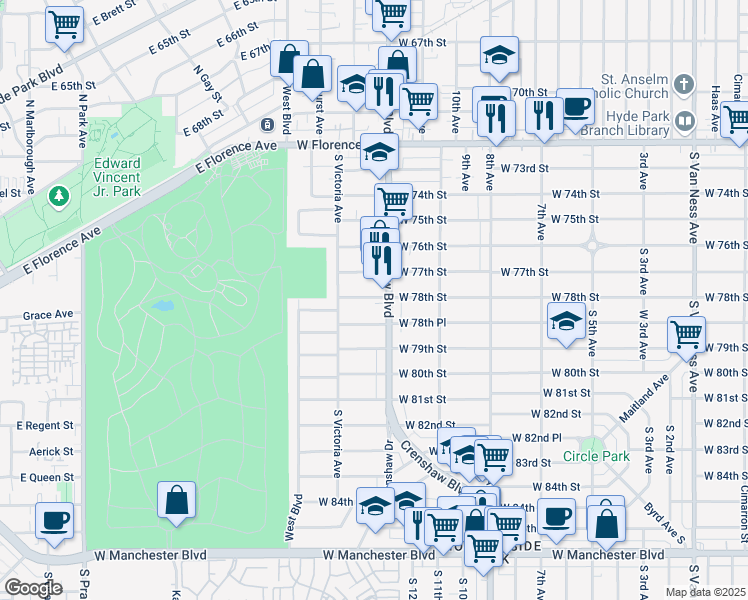 map of restaurants, bars, coffee shops, grocery stores, and more near 3426 West 78th Street in Los Angeles