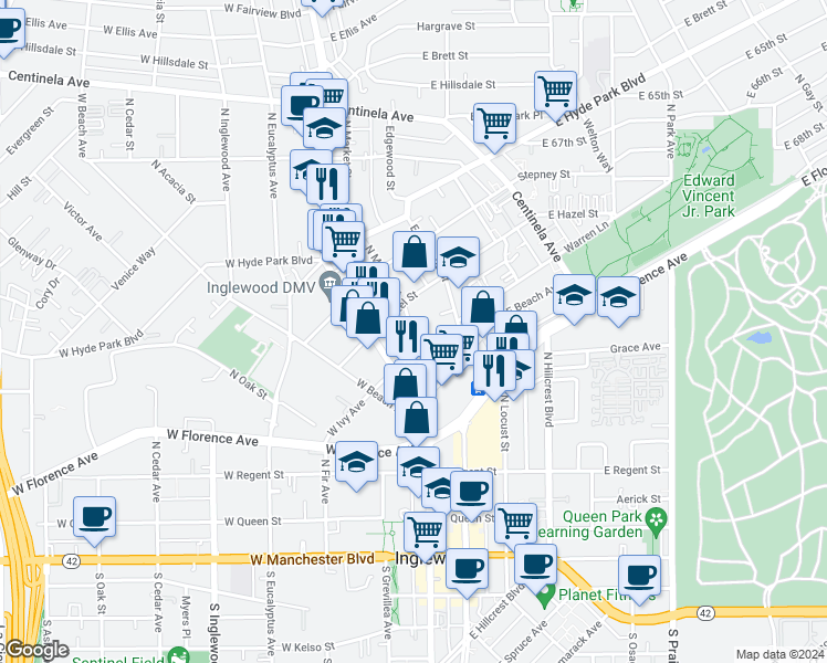 map of restaurants, bars, coffee shops, grocery stores, and more near 421 North Market Street in Inglewood