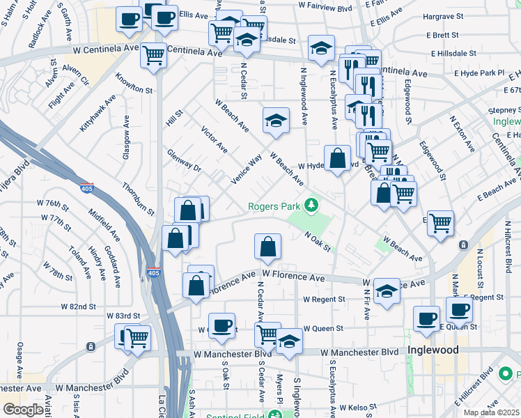 map of restaurants, bars, coffee shops, grocery stores, and more near 2 Pine Court in Inglewood