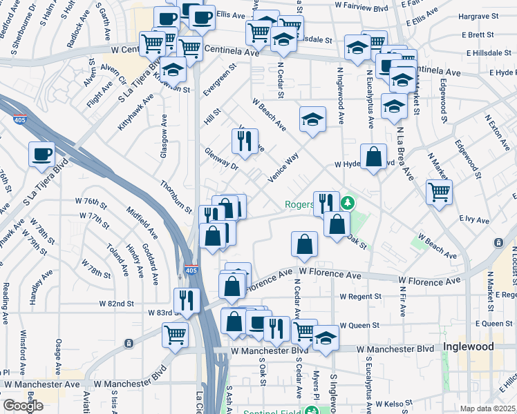 map of restaurants, bars, coffee shops, grocery stores, and more near 708 Venice Way in Inglewood