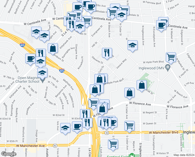 map of restaurants, bars, coffee shops, grocery stores, and more near in Los Angeles