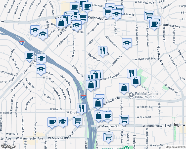 map of restaurants, bars, coffee shops, grocery stores, and more near 822 Austin Avenue in Inglewood