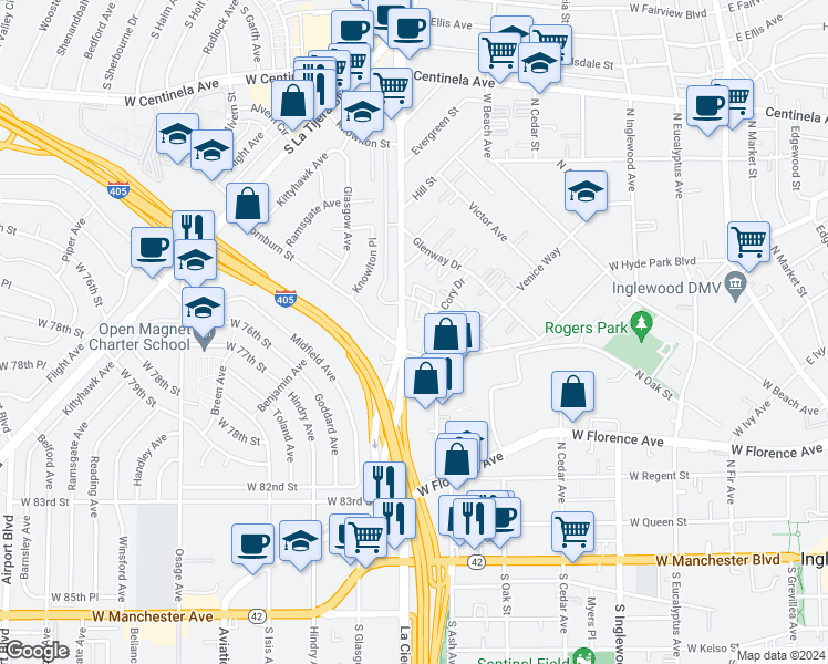 map of restaurants, bars, coffee shops, grocery stores, and more near 821 Austin Avenue in Inglewood