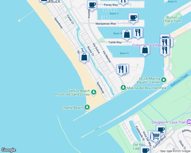 map of restaurants, bars, coffee shops, grocery stores, and more near 16 Spinnaker Street in Marina del Rey