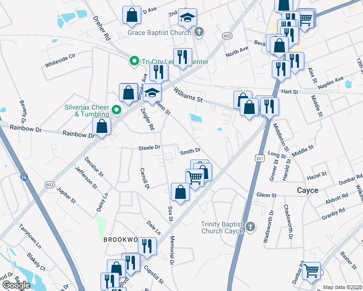 map of restaurants, bars, coffee shops, grocery stores, and more near 1734 Smith Drive in West Columbia