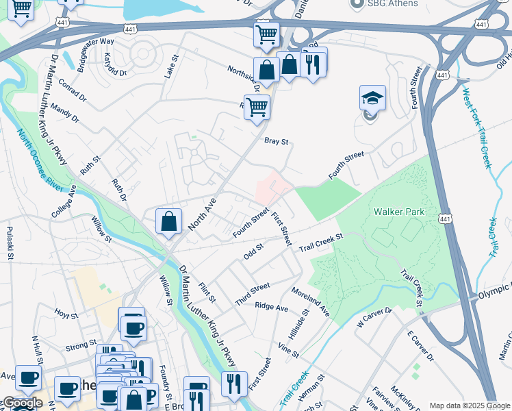 map of restaurants, bars, coffee shops, grocery stores, and more near 537 Strickland Avenue in Athens