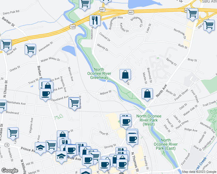 map of restaurants, bars, coffee shops, grocery stores, and more near 246 Elizabeth Street in Athens