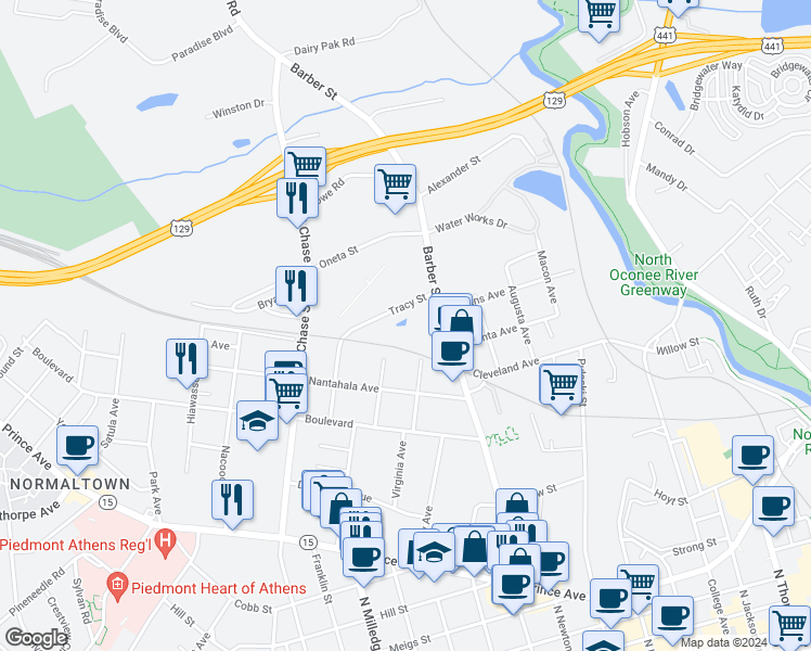 map of restaurants, bars, coffee shops, grocery stores, and more near 635 Barber Street in Athens