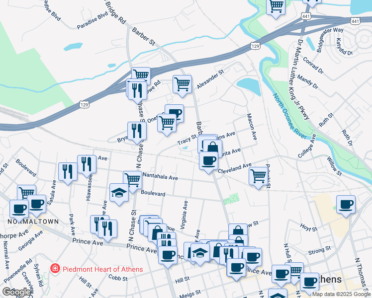 map of restaurants, bars, coffee shops, grocery stores, and more near 635 Barber Street in Athens