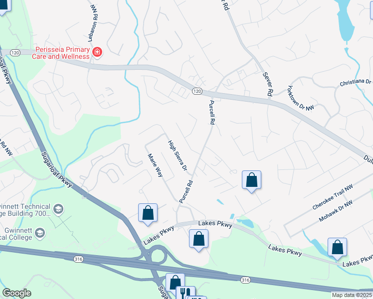 map of restaurants, bars, coffee shops, grocery stores, and more near 1399 Carla Court in Lawrenceville