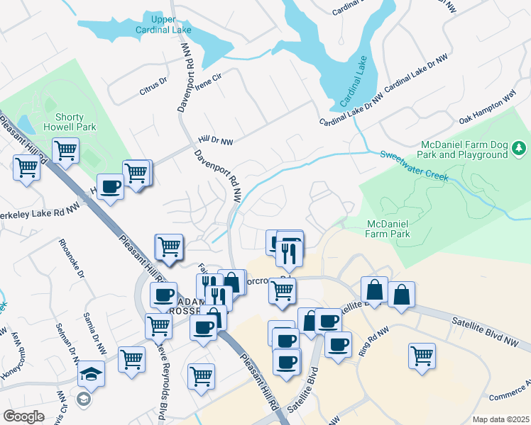 map of restaurants, bars, coffee shops, grocery stores, and more near 3020 Oxwell Drive Northwest in Duluth