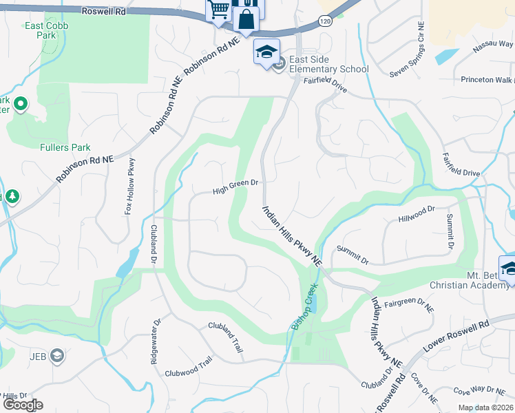 map of restaurants, bars, coffee shops, grocery stores, and more near 801 Indian Hills Parkway Northeast in Marietta