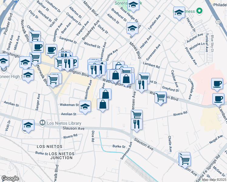 map of restaurants, bars, coffee shops, grocery stores, and more near 8035 Freestone Avenue in Santa Fe Springs