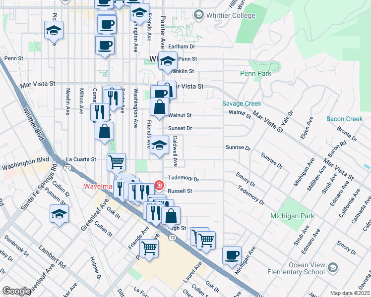 map of restaurants, bars, coffee shops, grocery stores, and more near 7932 Rhea Vista Drive in Whittier