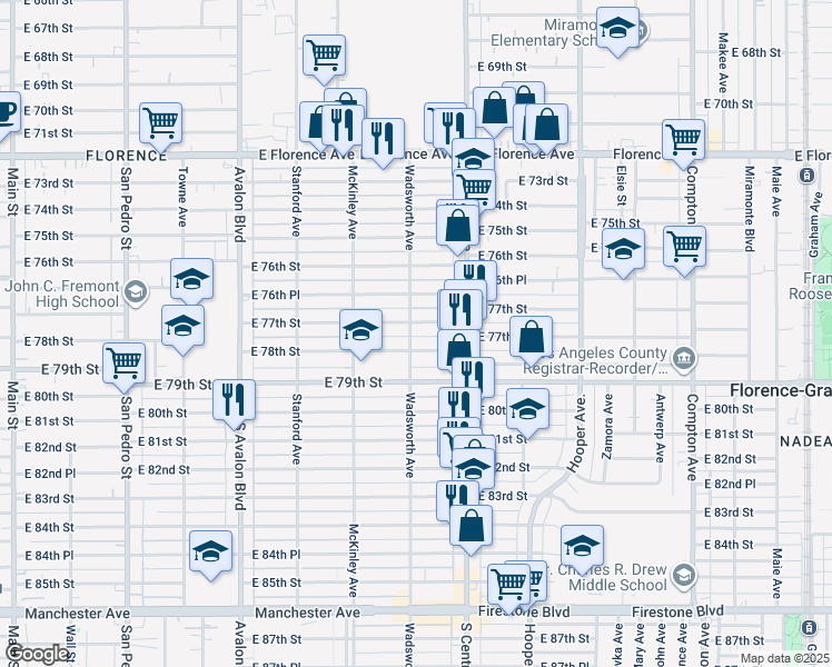 map of restaurants, bars, coffee shops, grocery stores, and more near 7710 Wadsworth Avenue in Los Angeles