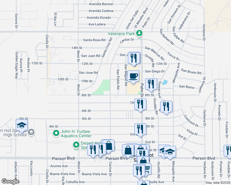map of restaurants, bars, coffee shops, grocery stores, and more near 66304 8th Street in Desert Hot Springs