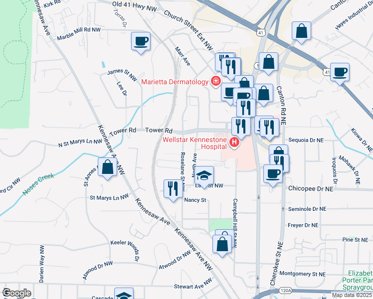 map of restaurants, bars, coffee shops, grocery stores, and more near 334 Roselane Street Northwest in Marietta