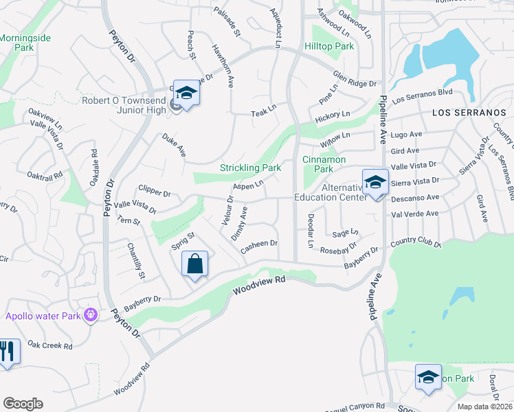 map of restaurants, bars, coffee shops, grocery stores, and more near 3735 Valle Vista Drive in Chino Hills