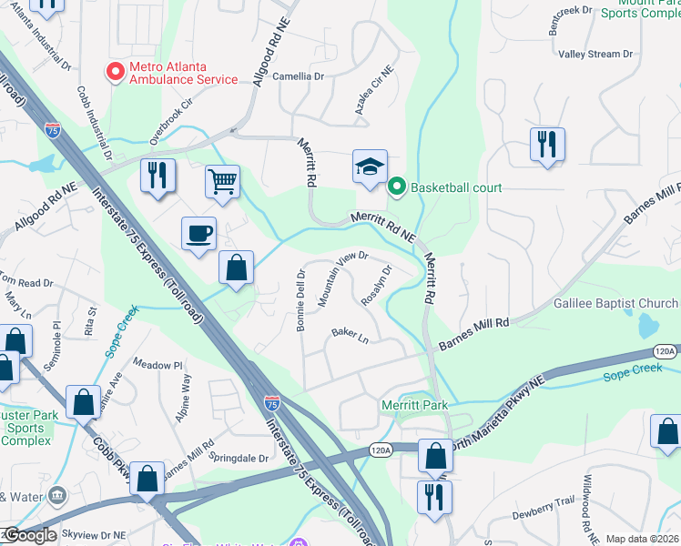 map of restaurants, bars, coffee shops, grocery stores, and more near 724 Bonnie Dell Drive in Marietta