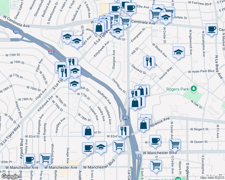 map of restaurants, bars, coffee shops, grocery stores, and more near San Diego Fwy in Los Angeles
