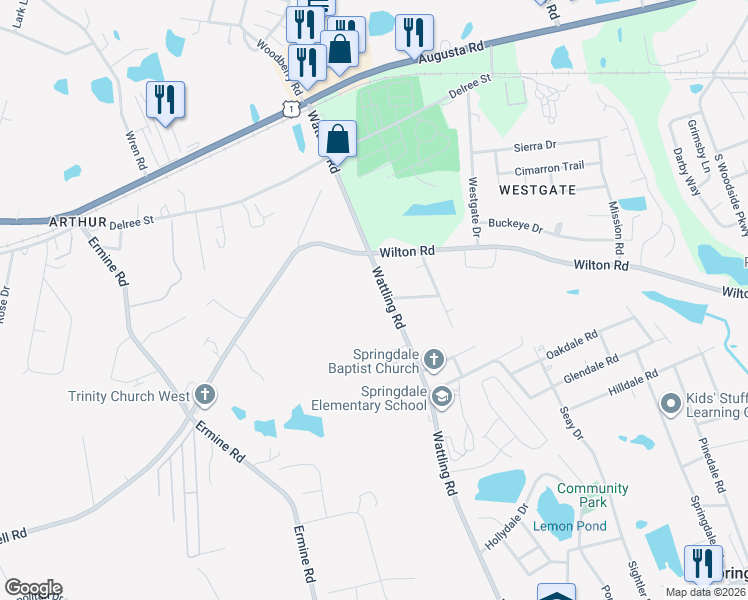 map of restaurants, bars, coffee shops, grocery stores, and more near 324 Wattling Road in West Columbia