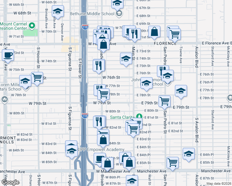 map of restaurants, bars, coffee shops, grocery stores, and more near 207 West 78th Street in Los Angeles