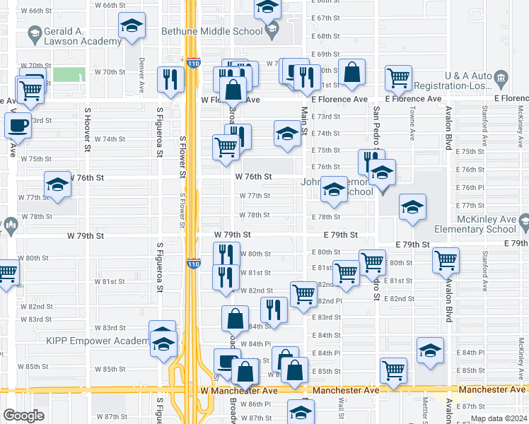 map of restaurants, bars, coffee shops, grocery stores, and more near 207 West 78th Street in Los Angeles