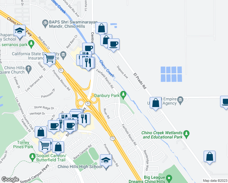 map of restaurants, bars, coffee shops, grocery stores, and more near 15653 Timberidge Lane in Chino Hills