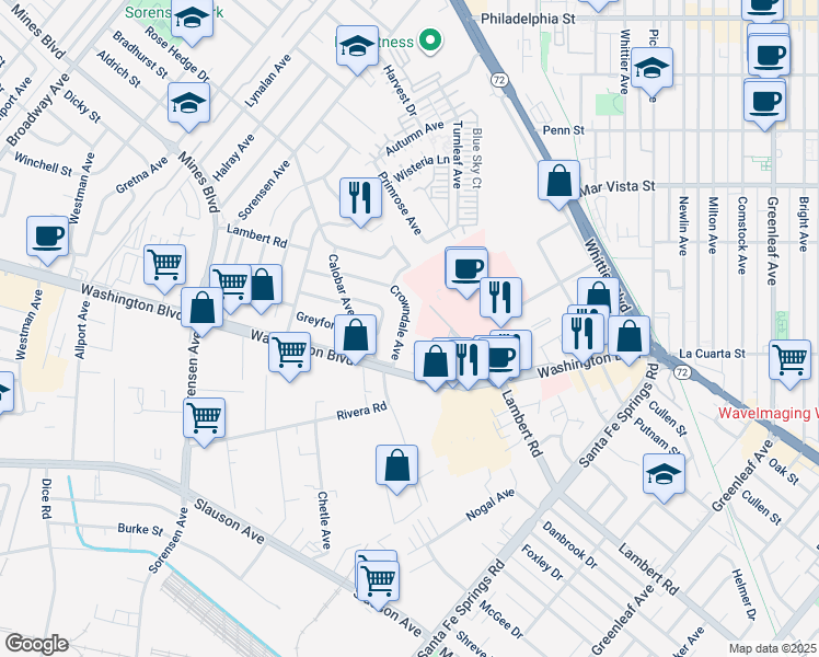 map of restaurants, bars, coffee shops, grocery stores, and more near 7928 Crowndale Avenue in Whittier