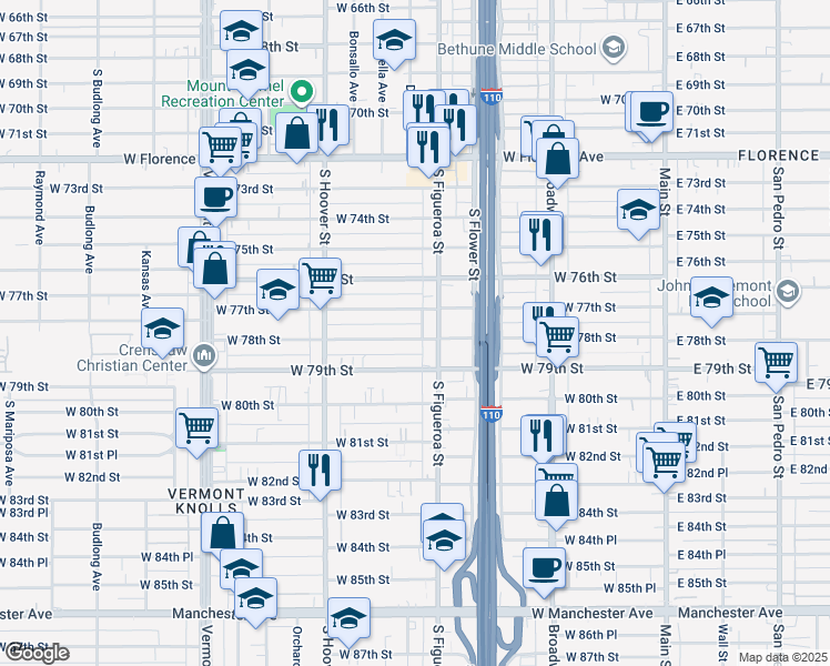map of restaurants, bars, coffee shops, grocery stores, and more near 523 West 78th Street in Los Angeles
