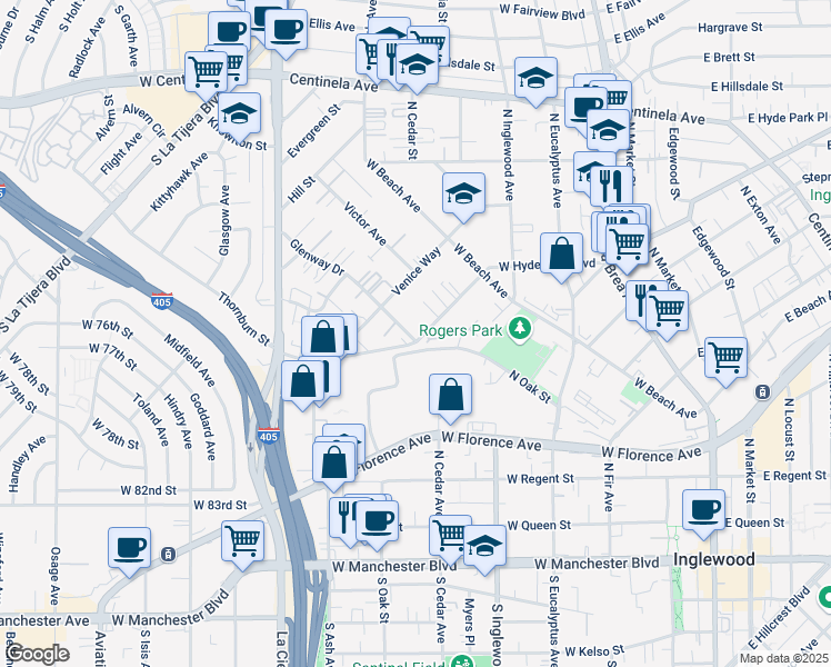 map of restaurants, bars, coffee shops, grocery stores, and more near 701 Glenway Drive in Inglewood