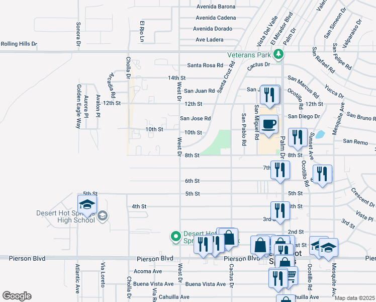 map of restaurants, bars, coffee shops, grocery stores, and more near 10970 Santa Cruz Road in Desert Hot Springs