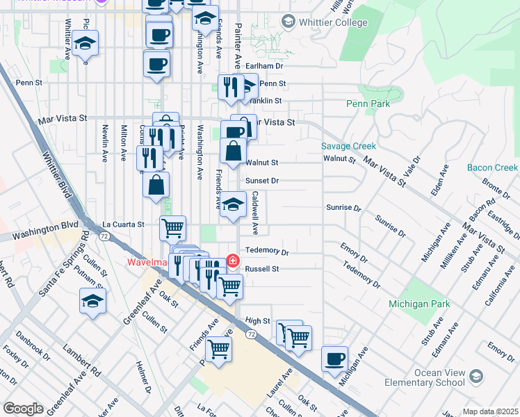 map of restaurants, bars, coffee shops, grocery stores, and more near 7931 Caldwell Avenue in Whittier