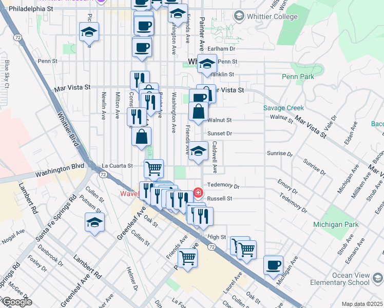 map of restaurants, bars, coffee shops, grocery stores, and more near 7934 Friends Avenue in Whittier