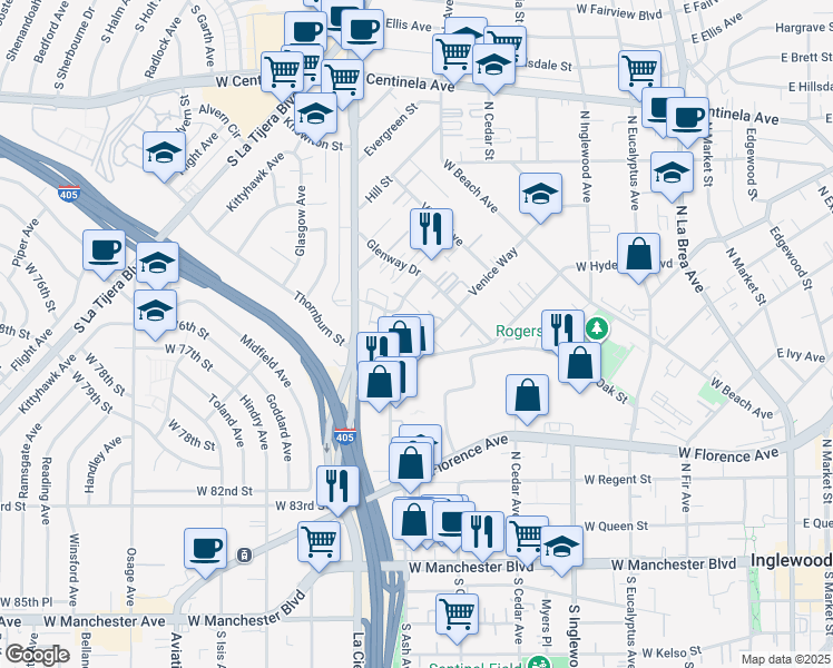 map of restaurants, bars, coffee shops, grocery stores, and more near 741 Venice Way in Inglewood