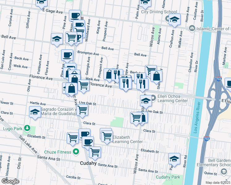 map of restaurants, bars, coffee shops, grocery stores, and more near 4800 Florence Avenue in Bell
