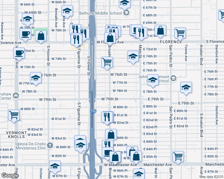 map of restaurants, bars, coffee shops, grocery stores, and more near 7728 Broadway in Los Angeles