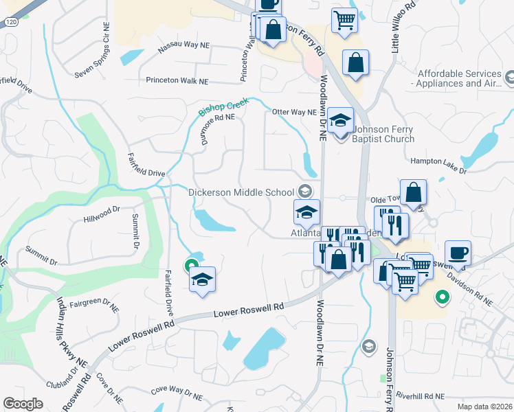 map of restaurants, bars, coffee shops, grocery stores, and more near 4500 Chestnut Lake Court Northeast in Marietta