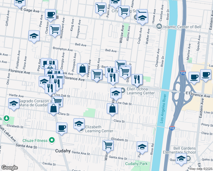 map of restaurants, bars, coffee shops, grocery stores, and more near 4928 Florence Avenue in Bell