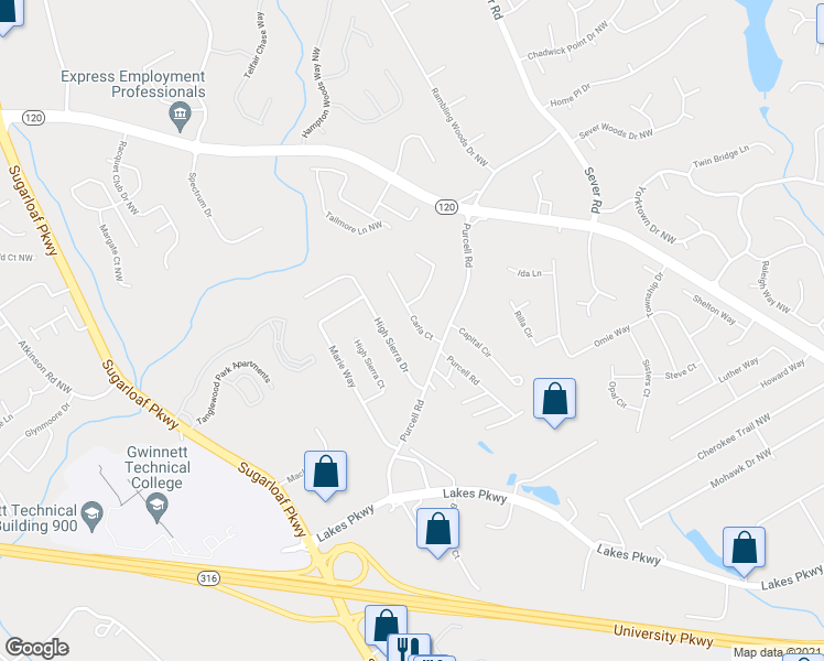 map of restaurants, bars, coffee shops, grocery stores, and more near 1408 Carla Court in Lawrenceville