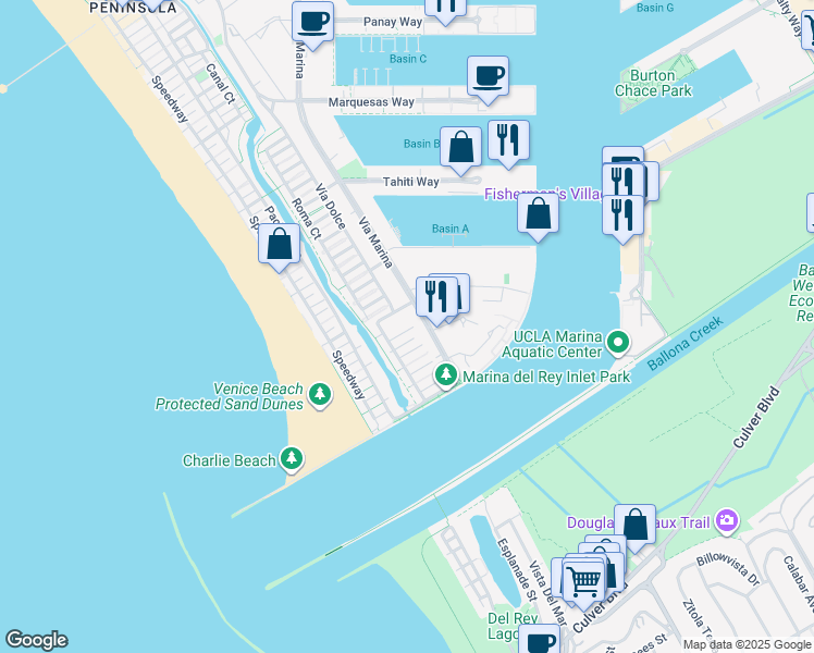 map of restaurants, bars, coffee shops, grocery stores, and more near 142 Union Jack Mall in Marina del Rey