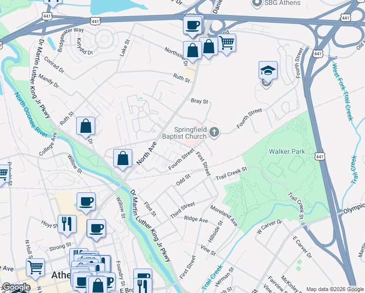map of restaurants, bars, coffee shops, grocery stores, and more near 537 Strickland Avenue in Athens