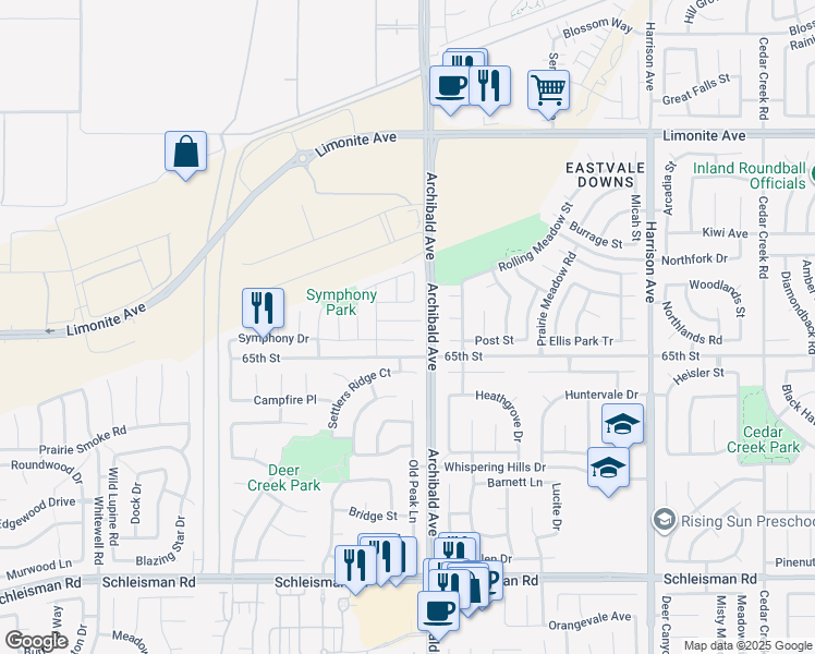 map of restaurants, bars, coffee shops, grocery stores, and more near 14234 Legato Court in Corona