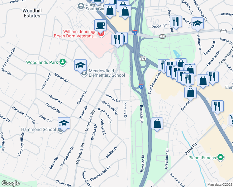 map of restaurants, bars, coffee shops, grocery stores, and more near 422 Cami Forest Lane in Columbia
