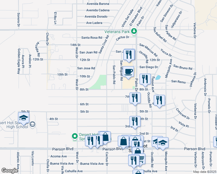 map of restaurants, bars, coffee shops, grocery stores, and more near 66304 8th Street in Desert Hot Springs